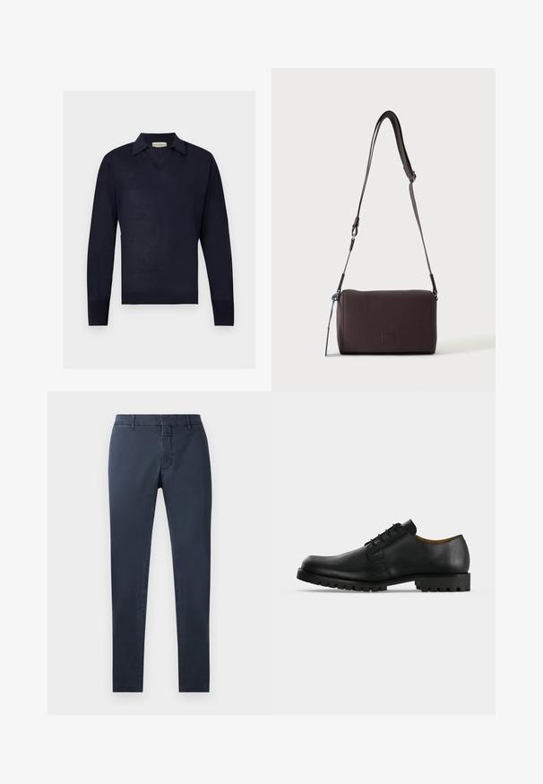 Tmavomodrý sveter s dlhými rukávmi, výstrihom do V a rebrovanými manžetami, zobrazený na plochom svetlosivom pozadí.; Námornícky modré nohavice so slim fit strihom, vyrobené z bavlnenej zmesi. Obsahujú štandardný pás, predný zips a bočné vrecká.; Čierna kožená elegantská šnurovacia topánka s hrubou, ryhovanou podrážkou a nízkym podpätkom zobrazená na bielom pozadí.; Tmavohnedá kožená crossbody taška s textúrou, nastaviteľným popruhom a malým dekoratívnym modrým prvkom na boku.