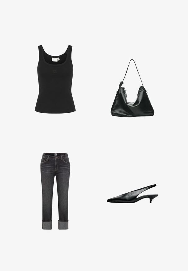 Schwarzes Tanktop aus geripptem Stoff, mit rundem Halsausschnitt und figurbetonter Passform. Einfaches Design mit subtiler Logo-Platzierung auf der Vorderseite.; Dunkelgraue gerade geschnittene Jeans mit umgeschlagenen Säumen, vorderem Knopf und Reißverschluss, Gürtelschlaufen sowie Vorder- und Gesäßtaschen.; Schwarzer Lederslingback-Kittenheel-Schuh mit spitzer Spitze und niedrigem, gebogenem Absatz auf weißem Hintergrund.; Schwarze Leder-Schultertasche mit einem dünnen Riemen und Reißverschluss, vor weißem Hintergrund dargestellt.