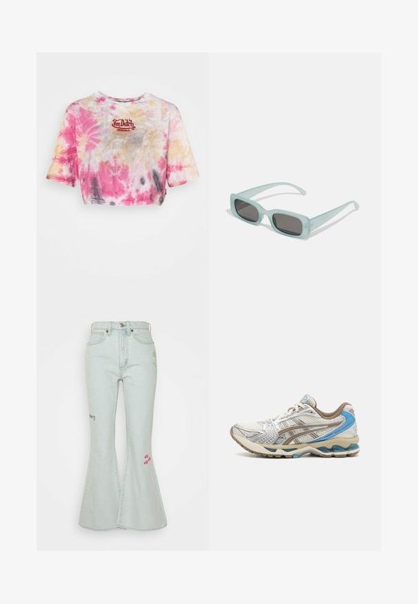 Lühendatud tie-dye t-särk roosa, kollase ja halliga ning heegeldatud punase "Von Dutch Originals" logoga rinnal. Lühikesed varrukad.; Obey Clothing RORY - Alt laienevad teksad - icy wash; Valge ja beež jooksujalanõu siniste aktsentidega, võrkkattega pealmise osaga, pehmendusega tallaga ja paeltega disainiga, nähtav välisküljelt.; Kaks ümmargust päikeseprilli, millel on helesinised poolläbipaistvad raamid ja tumehallid objektiivid, sirged tempud ja minimaalsete detailidega riistvara.