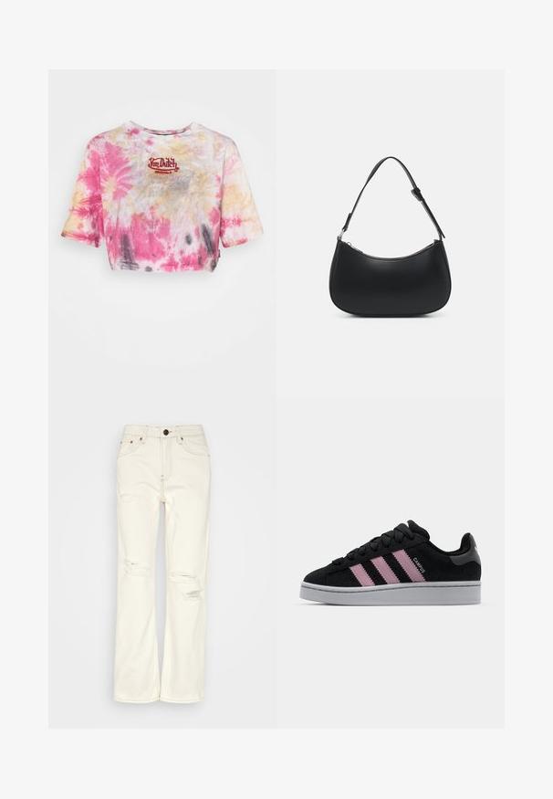 Beskaaret tie-dye t-shirt i pink, gul og grå med en broderet rød "Von Dutch Originals" logo på brystet. Korte ærmer.; BDG Urban Outfitters STRAIGHT - Jeans Straight Leg - ecru; Sort ruskinds sneakers med lyserødt tre-stribe design, grå gummisål og struktureret tunge. Har branding på siden og hælen.; Pieces PCALUANA SHOULDER BAG - Håndtasker - black