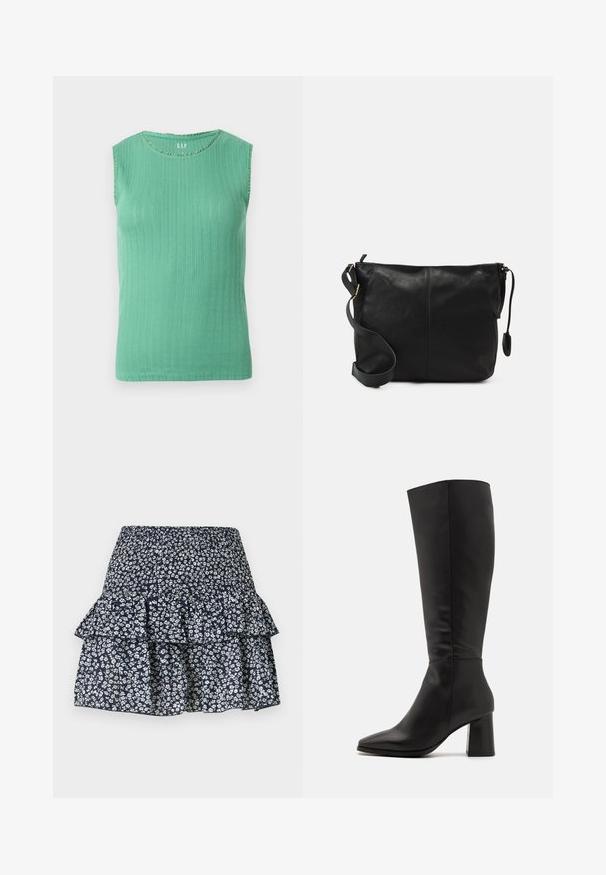 Ärmelloses, grünes, geripptes Stricktop mit rundem Ausschnitt und dezentem vertikalem Spitzenmuster, vor einfarbigem Hintergrund präsentiert.; Marineblauer Stufenrock mit weißem Blumenmuster und gerafftem elastischem Bund.; Schwarze kniehohe Stiefel aus glattem Leder. Sie verfügen über eine spitze Zehenform und einen klobigen, strukturierten Blockabsatz. Minimale Nähtedetails.; Schwarze Leder-Umhängetasche mit flacher Form, goldenen Hardware-Details und einem verstellbaren Tragegurt. Glatte Textur mit minimalen Nähten.