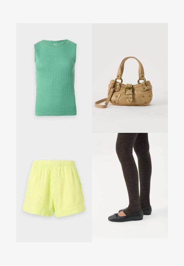 Haut sans manches en tricot côtelé vert avec encolure ronde et motif subtil en dentelle verticale, présenté sur un fond uni.; Shorts vert lime en tissu léger et texturé, avec une taille élastique et une poche latérale unique. Pas de fermetures visibles.; Jambes portant des leggings côtelés foncés associés à des ballerines noires avec de petits détails en nœud sur fond blanc.; Sac à main en cuir beige avec double poignées, boucle en laiton et détails rivetés, ainsi qu'une bandoulière réglable sur fond blanc.