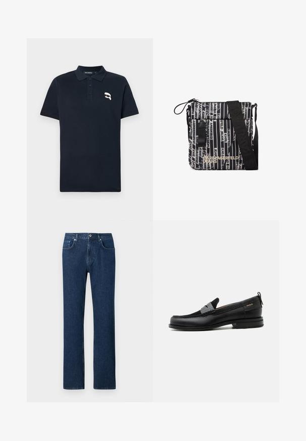 Polo azul marino hecho de algodón, con una tapeta de tres botones y un pequeño logo gráfico blanco en el lado izquierdo del pecho.; Jeans de denim azul oscuro con corte recto, que cuentan con un cierre frontal de botón, presillas para cinturón y un diseño de bolsillo estándar.; Mocasín de cuero negro con detalle de tira gris, tacón bajo y suela texturizada, con la marca "HUGO" en oro en el lateral.; Bolso bandolera con rayas verticales negras y beige y texto repetido "Karl Lagerfeld Jeans", correa negra ajustable y bolsillo frontal con cremallera.