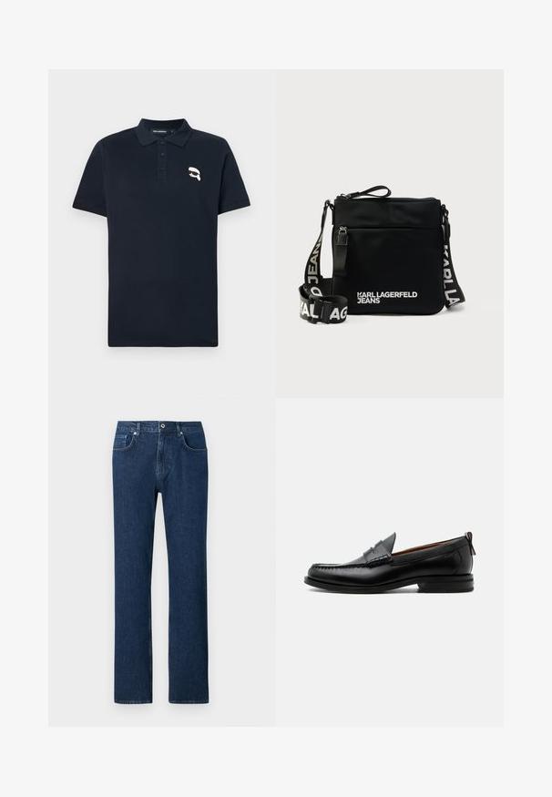 Polo azul marino hecho de algodón, con una tapeta de tres botones y un pequeño logo gráfico blanco en el lado izquierdo del pecho.; Jeans de denim azul oscuro con corte recto, que cuentan con un cierre frontal de botón, presillas para cinturón y un diseño de bolsillo estándar.; Mocasín de hombre de piel negra con costura moc toe, tira penny, cuello texturizado y tacón bajo apilado sobre fondo blanco.; Bolso bandolera negro de nailon con cierre de cremallera, con una correa con logo y texto blanco "KARL LAGERFELD JEANS" en el frente. Superficie texturizada.