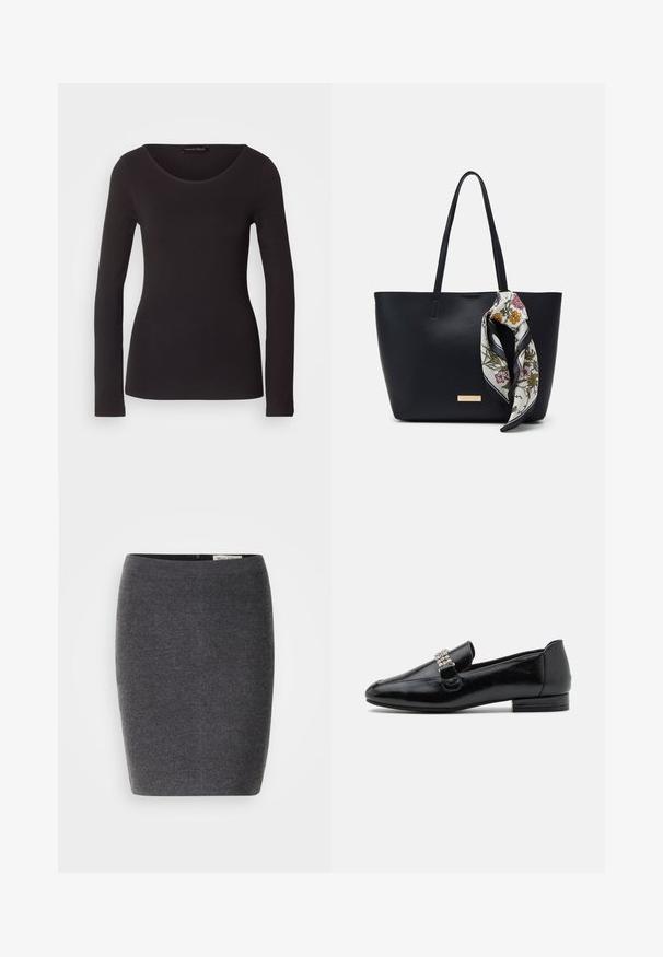 Sort langærmet top lavet af glat stof med rund halsudskæring og tætsiddende silhuet; har ingen mønstre eller detaljer.; Grå uld blyantskirt med en glat tekstur og tætsiddende design, med en diskret talje og uden synlige udsmykninger.; Sorte læder loafers med en lav hæl, der har en dekorativ krystalspænde på oversiden. Glat finish med rund tådesign.; Sort læder tote taske med to skulderremme, prydet med et blomsterprint silkeslør bundet om håndtaget og en metallisk logo detalje på forsiden.