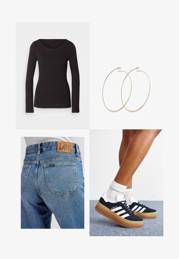 Sort langærmet top lavet af glat stof med rund halsudskæring og tætsiddende silhuet; har ingen mønstre eller detaljer.; Blå denimbukser med baglommer med gule syninger og et brunt lædermærke med Lee-brand på linningen.; Ben iført hvide sokker og sorte Adidas Gazelle sneakers med hvide striber og tykke brune såler på et gråt tæppe.; Pilgrim Øreringe - gold-coloured