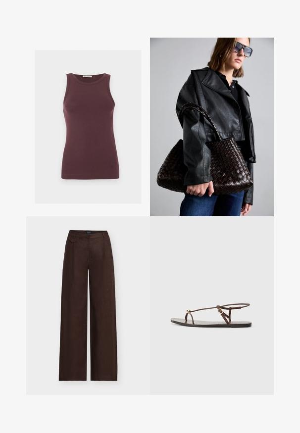 Sleeveless dark purple fitted tank top with round neckline and subtle logo near hem, displayed on a plain light background.; Dark brown wide-leg trousers with high waist and a small decorative flap pocket on the right side front waistband.; Brown leather sandal with thin straps, a gold circular accent, and a flat sole. Minimalist design with an adjustable buckle detail.; DRAGON DIFFUSION SANTA CROCE BIG - Handbag - dark brown