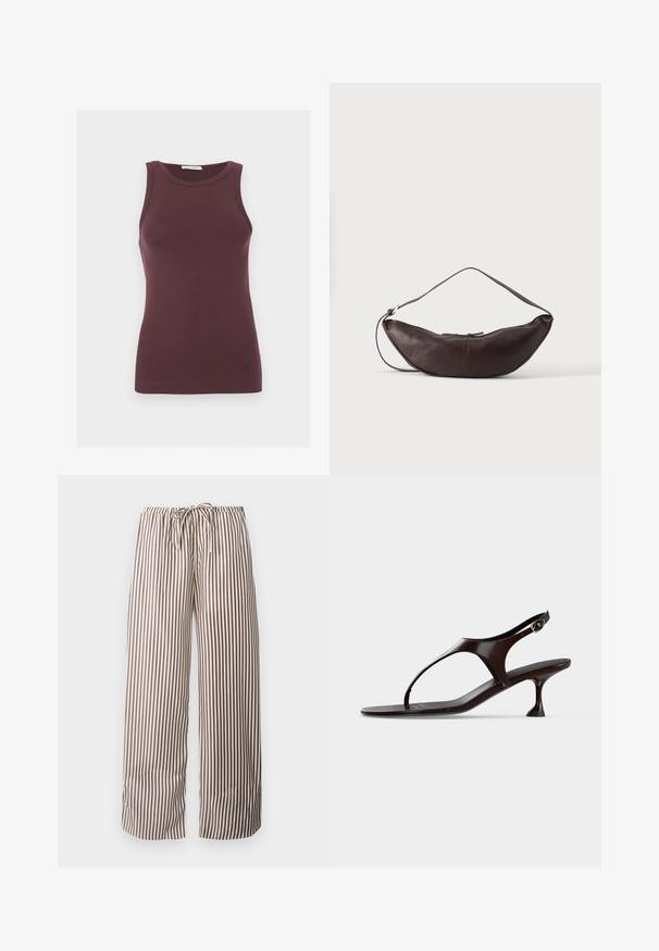 Débardeur ajusté sans manches de couleur violet foncé avec un col rond et un logo discret près de l'ourlet, présenté sur un fond clair uni.; Pantalon large à rayures verticales marron et blanches, avec taille élastique et cordon à l'avant.; Sandale slingback en cuir verni marron foncé avec petit talon et bride entre les orteils sur fond blanc.; Sac d'épaule en cuir marron foncé en forme de croissant avec une lanière courbée et des coutures visibles sur fond uni.