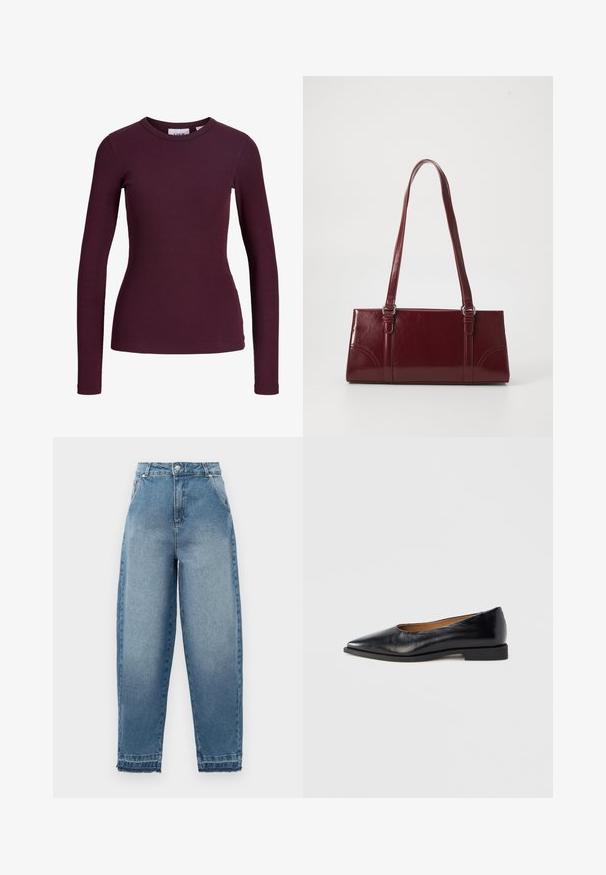 Top ajustado de punto acanalado de manga larga en color púrpura oscuro con cuello redondo y sin botones ni estampados visibles.; Jeans de mezclilla azul claro con cintura alta, corte suelto, diseño de cinco bolsillos y dobladillos deshilachados. Presenta costuras clásicas y cremallera en la bragueta.; Zapato plano de cuero negro con punta puntiaguda y tacón cuadrado bajo. Textura lisa, diseño minimalista y sin elementos visibles ni patrones.; Bolso burdeos hecho de material brillante, de forma rectangular, con dos asas para el hombro y sutiles acentos curvados en la parte frontal.