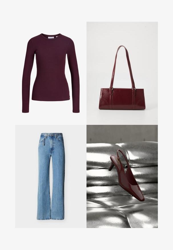 Haut ajusté à manches longues en maille côtelée violet foncé avec un col rond et sans boutons ni motifs visibles.; Jean denim bleu clair taille haute avec jambes larges, cinq poches, et une ceinture en denim assortie avec œillets en métal et boucle.; Chaussure slingback en cuir verni rouge avec un bout pointu et un petit talon, ornée d'un accent doré près de la bride de cheville.; Sac à main bordeaux en matériau brillant, de forme rectangulaire, avec deux anses et des accents légèrement courbés à l'avant.