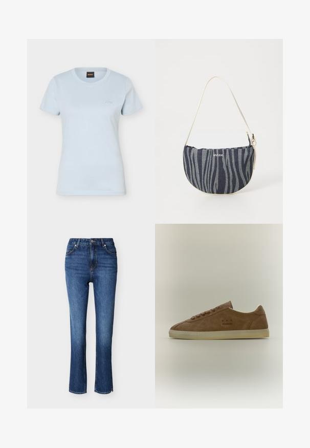 T-shirt pour femmes bleu clair à manches courtes, col rond, avec petit logo "BOSS" brodé sur la poitrine gauche et étiquette noire à l'intérieur du col.; Jean skinny en denim bleu foncé. Design à taille haute avec cinq poches, fermeture par bouton, et surpiqûres orange contrastantes sur les coutures.; Baskets basses en suède marron avec semelle et lacets beige, estampillées "C.P. Company" sur le côté, présentées sur un fond neutre.; Sac en denim à la forme incurvée, présentant un motif de rayures zèbre bleu marine et bleu clair, une bandoulière blanche et le logo de la marque bien en évidence.