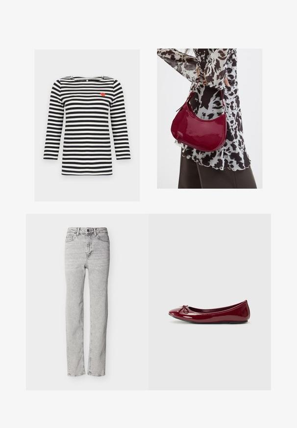 Langärmliges schwarz-weiß gestreiftes Shirt mit kleinen roten Herz-Details auf der oberen linken Brust.; Hoch taillierte, hellgraue Denim-Jeans mit geraden Beinen, vorderem Knopf, Reißverschluss, Gürtelschlaufen sowie vorderen und hinteren Taschen.; Balletschuh aus glänzendem burgunderfarbenem Lackleder, mit runder Zehe und kleinem Schleifendetail an der Vorderseite. Glatte Textur, niedriger Absatz.; Frau trägt eine schwarz-weiß gemusterte Bluse und hält eine glänzende rote Schultertasche vor einem einfarbigen Hintergrund.