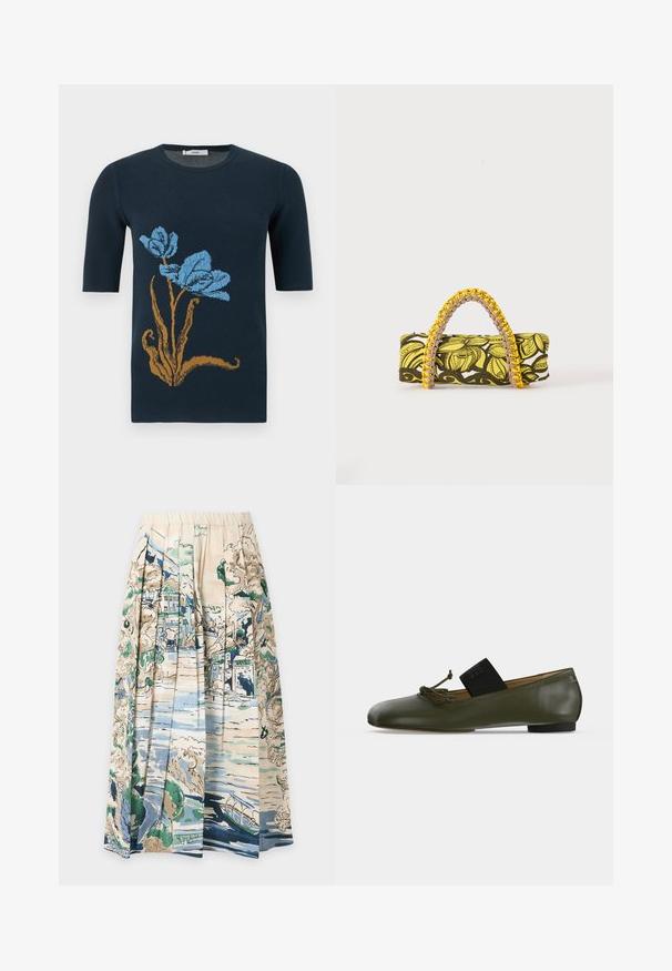 Navy blue short-sleeve sweater featuring a large brown stem with two blue flowers on the front.; Pleated skirt with an elastic waistband featuring a scenic print of trees, buildings, a river, and a small boat in blue, green, and beige tones.; Olive green flat ballet shoe with a small bow on front and a wide black elastic strap across the instep.; Rectangular bag with yellow and black floral pattern and braided yellow and pink handle on white background.