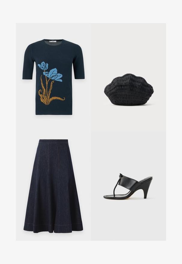 Pull à manches courtes bleu marine avec une grande tige marron et deux fleurs bleues sur le devant.; Jupe en denim bleu foncé avec une silhouette évasée, présentant des détails de couture verticaux et des coutures orange contrastantes le long de l'ourlet.; Sandale noire à talon haut avec une large bride avant et une boucle d'orteil dotée d'un détail de corde nouée, vue de profil sur fond blanc.; Sac à main en osier noir en forme de coquille Saint-Jacques avec un dessus courbé et une texture tressée sur un fond uni.