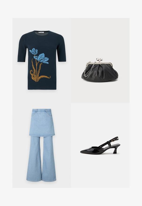 Marineblauwe trui met korte mouwen, voorzien van een grote bruine steeltje met twee blauwe bloemen aan de voorkant.; Denim rok-broek hybride, met lichtblauwe stof, uitlopende pijpen en zichtbare stikdetails. Ontworpen met voorzakken en een tailleband.; Zwarte lakleren slingback kitten heel schoen met spitse neus en verstelbare gouden gespsluiting op een witte achtergrond.; Zwarte leren clutch met geplooide textuur, zilverkleurig metalen frame, drukknopsluiting en kettingriem. Glad, zacht oppervlak.