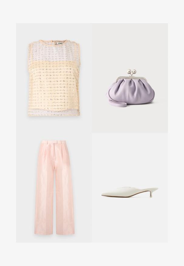 Top sin mangas con base beige y una superposición transparente, adornada con bordados florales plateados y un escote redondo.; Pantalones de pierna ancha de talle alto en rosa claro, con una textura lisa y brillante, plisados en la parte frontal y un cinturón a juego.; Mule de punta afilada en tejido blanco roto. Presenta un tacón bajo y un sutil detalle de costura a lo largo del empeine. Textura suave, diseño minimalista.; Bolso de mano suave de lavanda con tela recogida, cierre de beso plateado y correa de muñeca a juego sobre un fondo liso y claro.