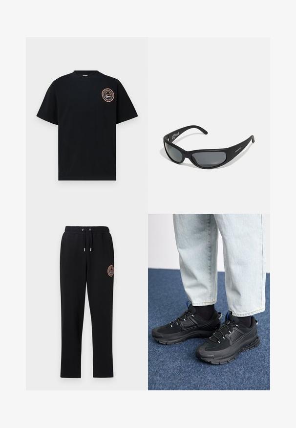Ellesse DUOMO TEE - Camiseta estampada - black; Pantalones de chándal negros con cintura elástica y cordón, dos bolsillos laterales y un detalle de logo bordado en el muslo izquierdo. Tejido suave y elástico.; Zapatillas deportivas negras con tejido texturizado y suelas de goma, con cordones elásticos y un acento azul en el talón. Combinadas con pantalones de mezclilla claros.; Gafas de sol negras con un marco curvado y lentes oscuros. Presentan un acabado mate y el nombre de la marca "ARNETTE" en el lateral.