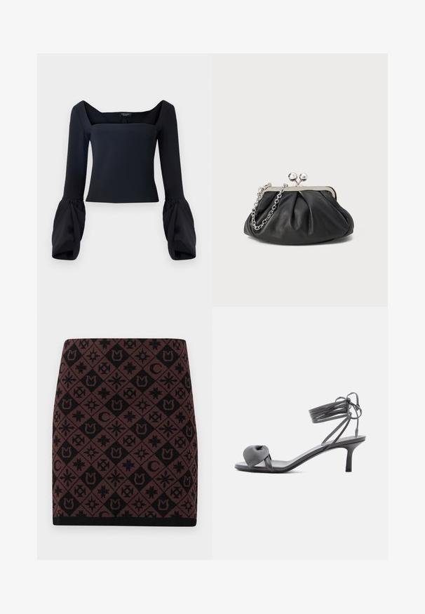 Haut noir à manches longues avec un décolleté carré, présentant des manches volumineuses à poignet et un corps ajusté en tissu lisse.; Jupe en tricot avec un motif géométrique noir et marron comportant divers symboles, de forme ajustée, et une taille noire au bas.; Sandale à talon en cuir gris avec une bride nouée sur les orteils et des lacets enroulants autour de la cheville, sur un talon moyen et fin, sur fond blanc.; Porte-monnaie en cuir noir avec texture froncée, cadre en métal argenté, fermeture à verrouillage kiss-lock et bandoulière en chaîne. Surface lisse et douce.