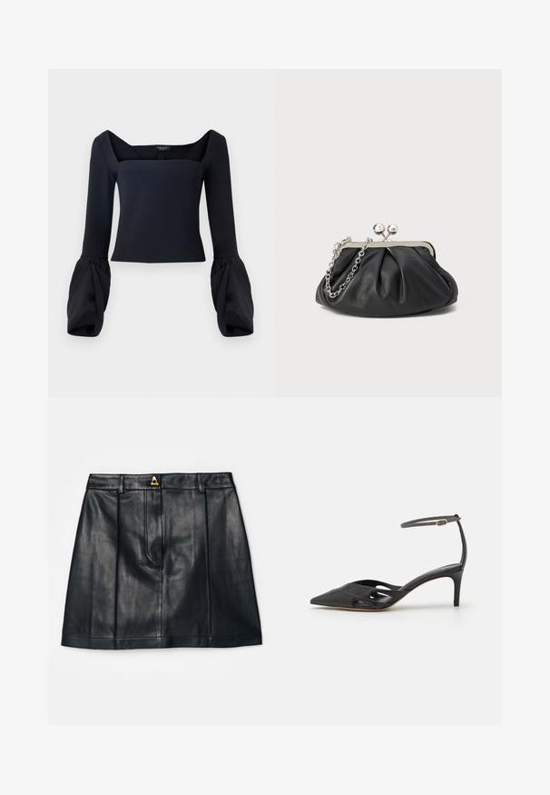 Must kastani pikkade varrukatega topp nelinurga kaelusega, millel on mahukad mansetid ja sobiv kehaosa, valmistatud siledast kangast.; AERON RUDENS SKIRT - A-lõikeline seelik - black; Must mustaharjal süngeteisega kingad, millel on terav varvas, avatud küljed ja õhuke pahkluuring, kus on väike kuldne detail.; Musthave musta nahast käekott, millel on volditud tekstuur, hõbedane metallraam, lukustatud sulgemismehhanism ja kett. Sile ja pehme pind.