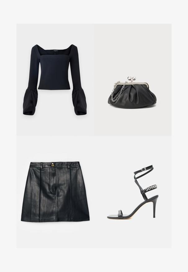 Schwarz langärmliges Oberteil mit quadratischem Ausschnitt, voluminösen, gefütterten Ärmeln und einem taillierten Oberteil aus einem glatten Stoff.; AERON RUDENS SKIRT - A-Linien-Rock - black; Schwarze Sandalette mit hohem Absatz, schlankem Knöchelriemen, Mittelriemen verziert mit silbernen Kettengliedern und offenem Zehendesign.; Schwarze Leder-Clutch mit geraffter Textur, silberfarbener Metallrahmen, Druckverschluss und Kettenriemen. Glatte, weiche Oberfläche.