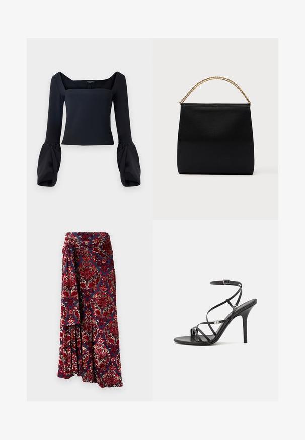 Schwarz langärmliges Oberteil mit quadratischem Ausschnitt, voluminösen, gefütterten Ärmeln und einem taillierten Oberteil aus einem glatten Stoff.; Rabanne Maxirock - tapestry/navy/burgundy/red/cream; Schwarze High-Heel-Sandale mit dünnen Riemen, einem Knöchelverschluss, einer glatten Lederoberfläche und einem schlanken Stiletto-Absatz.; Schwarze Tasche aus glattem Stoff mit strukturierter Form, einem Griff aus goldener Kette und minimalistischem, geometrischem Design.
