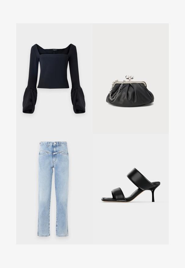 Schwarz langärmliges Oberteil mit quadratischem Ausschnitt, voluminösen, gefütterten Ärmeln und einem taillierten Oberteil aus einem glatten Stoff.; Hellblaue Denim-Jeans mit hoher Taille und geradem Schnitt. Verfügt über dezente Ausbleichungen, klassisches Fünf-Taschen-Design und einen Metallknopfverschluss.; Schwarze Leder-Mule-Sandale mit zwei breiten Riemen und einem schlanken, mittelhohen Stilettoabsatz auf einem schlichten hellen Hintergrund.; Schwarze Leder-Clutch mit geraffter Textur, silberfarbener Metallrahmen, Druckverschluss und Kettenriemen. Glatte, weiche Oberfläche.