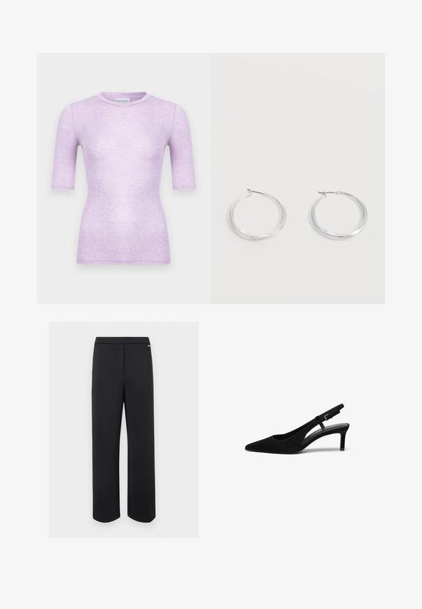 Fliederfarbenes, kurzärmeliges, enganliegendes T-Shirt mit Rundhalsausschnitt und nahtlosen Kanten, entworfen für die legere Damenbekleidung.; Schwarze Hose mit geradem Bein, verdecktem Frontverschluss und kleinem Metalllogo nahe dem Bund auf weißem Hintergrund.; Schwarzer Wildlederslingback-Schuh mit spitzem Zehenbereich, niedrigem Absatz, offenen Seiten und verstellbarem Riemen mit einer Metallschnalle. Glatte Textur.; Silberne Metallcreolen mit glatter, leicht gebogener Oberfläche und Klappverschluss vor schlicht weißem Hintergrund.