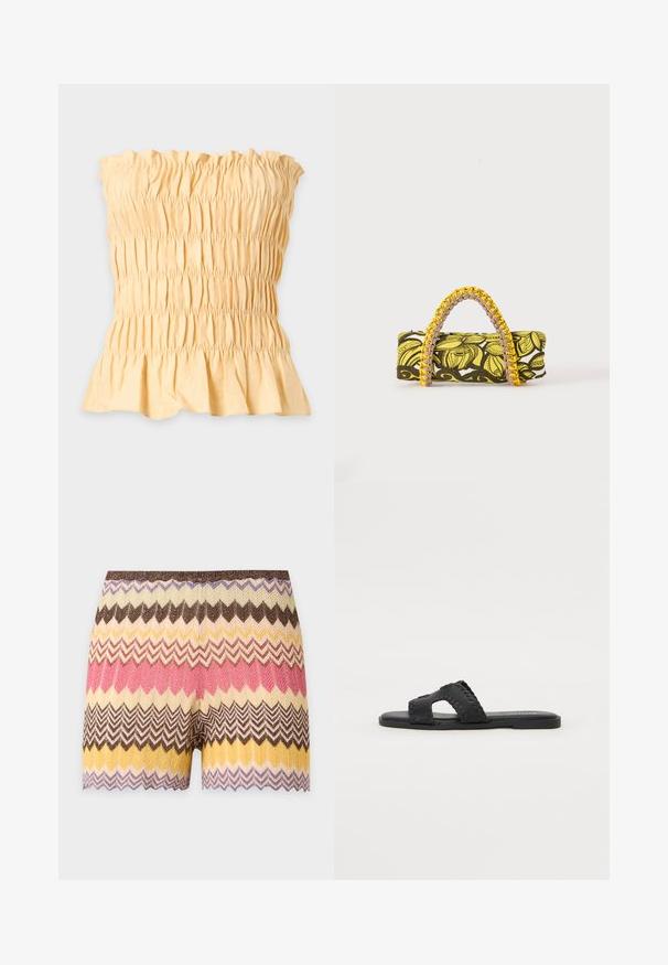 Haut bustier jaune avec texture smockée et ourlet à volants en bas, présenté sur un fond clair uni.; Shorts en maille avec motif zigzag dans des tons marron, crème, jaune, rose et violet, avec un ourlet festonné.; Sandales plates noires avec une large double bande et un design découpé, présentant des coutures le long des bords et une semelle lisse.; Sac rectangulaire avec motif floral jaune et noir et anse tressée jaune et rose sur fond blanc.
