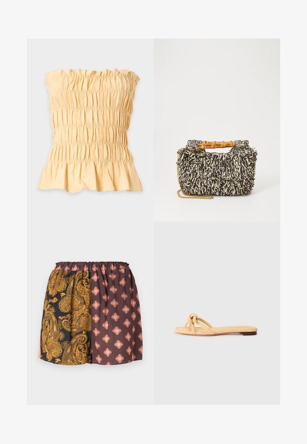Geel topje zonder bandjes met geplooide textuur en een gerimpelde zoom aan de onderkant, weergegeven op een effen lichte achtergrond.; Korte, motiefrijke short met een elastische tailleband. Linkerkant heeft een gouden paisley op zwart, rechterkant toont een bruin ontwerp met perzikaccenten.; Geel geweven platte sandaal met twee kruislings geplaatste banden, een geknoopte detail aan de voorkant en een lage, bruine zool.; Geweven tas met een gestructureerd zwart-en-crème patroon, bamboe handvat en een afneembare gouden kettingriem. Compacte rechthoekige vorm.