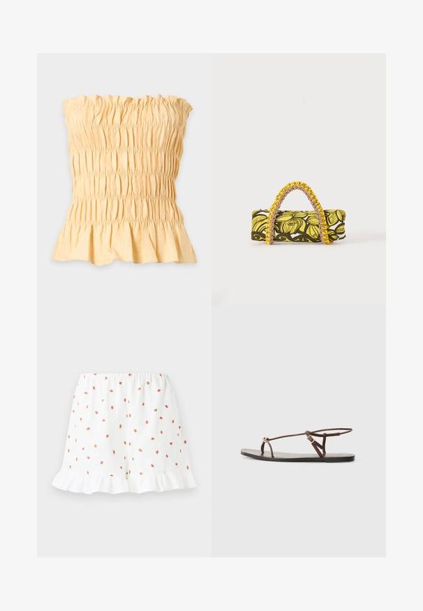 Top amarillo sin tirantes con textura fruncida y un dobladillo con volantes en la parte inferior, mostrado sobre un fondo claro y liso.; Shorts blancos con pequeños estampados de fresas rojas por toda la prenda, con un dobladillo con volantes y cintura elástica para mayor comodidad. Hechos de una tela ligera.; Sandalia de cuero marrón con tiras finas, un acento circular dorado y suela plana. Diseño minimalista con un detalle de hebilla ajustable.; Bolsa rectangular con patrón floral en amarillo y negro y asa trenzada amarilla y rosa sobre fondo blanco.