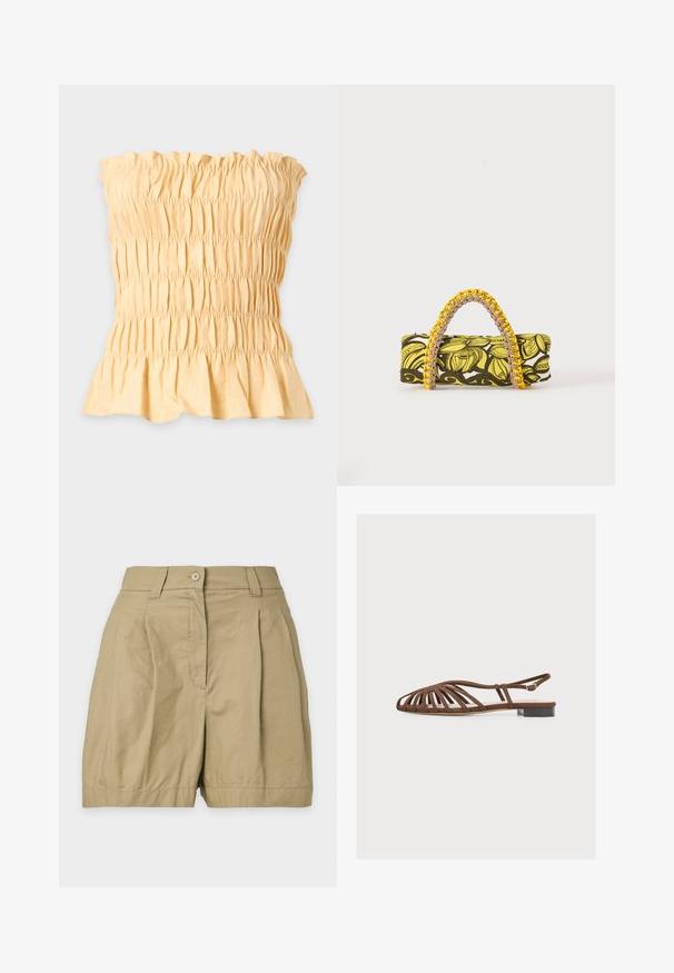 Haut bustier jaune avec texture smockée et ourlet à volants en bas, présenté sur un fond clair uni.; Short beige taille haute avec fermeture par bouton et zip, passants de ceinture et plis sur le devant, présenté sur un fond uni.; Sandale plate marron avec un design ouvert à l'avant-pied, bride de cheville avec petite boucle et petit talon noir sur fond blanc.; Sac rectangulaire avec motif floral jaune et noir et anse tressée jaune et rose sur fond blanc.