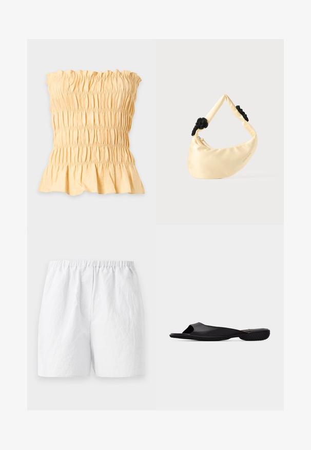 Gul strop uden stropper med smocked tekstur og en flæset kant nederst, vist på en ensfarvet lys baggrund.; Hvide shorts med elastisk talje, fremstillet i et tekstureret stof med en afslappet pasform. Enkel design, ingen mønstre eller udsmykninger.; Sort åben tå-slide sandal med tekstureret sål og minimalistisk design, set fra siden på en ensartet lys grå baggrund.; Skuldertaske i cremefarvet satin med to sorte flettede knuder på remmen og en synlig lynlåslukning.