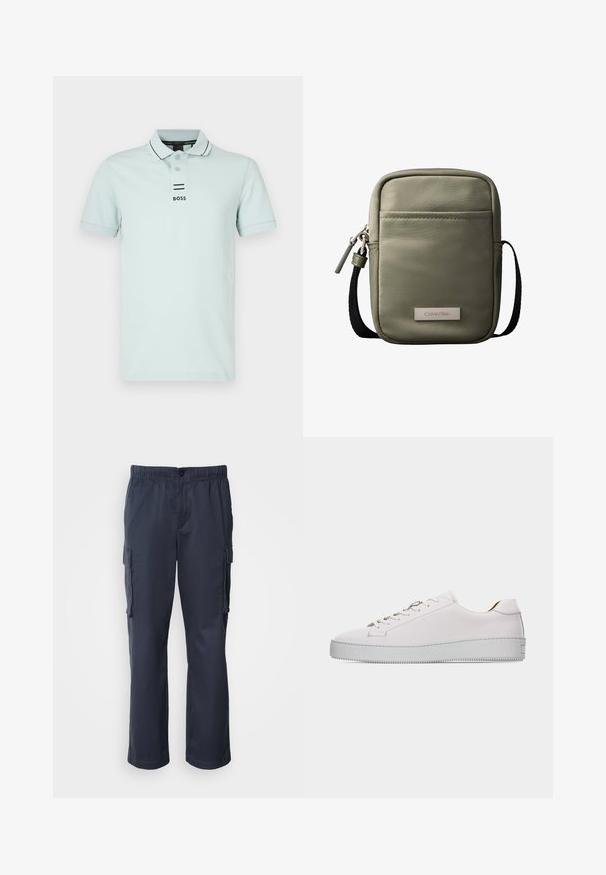 Polo bleu clair en coton, doté d'un col côtelé, de manches courtes, et d'un logo noir avec deux bandes horizontales en dessous.; Pantalons cargo bleu marine, fabriqués en tissu léger, avec une taille élastique, deux poches latérales et deux poches cargo.; Baskets basses en cuir blanc avec lacets blancs, semelle en caoutchouc plate texturée et coutures minimalistes, vues de côté extérieur sur fond blanc.; Sac bandoulière compact vert olive avec poche avant, sangle noire réglable, fermeture zippée et plaque logo Calvin Klein.
