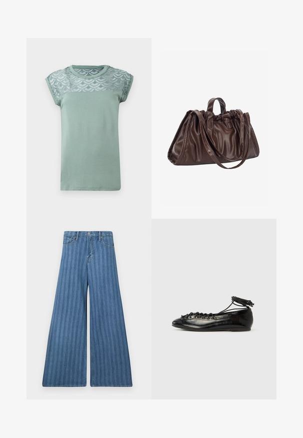 Mintgrünes T-Shirt mit kurzen Kap sleeves, das einen gewellten Spitzenüberzug an den Schultern hat. Weicher Stoff, runder Halsauschnitt und gerader Saum.; Weite Jeans in mittlerem blauen Denim mit vertikalen Streifen, ausgestattet mit einem Knopfverschluss, fünf Taschen und einer gestickten Detailierung entlang der Nähte.; Schwarze Ballerinas aus Lackleder mit runder Spitze, Schnürdesign und flacher Sohle. Glatte Textur mit minimaler Verzierung.; Braune Lederhandtasche mit gerafftem oberen Teil, zwei kurzen Griffen und einem langen Schulterriemen. Glatte Oberfläche mit geräumiger, abgerundeter Form.