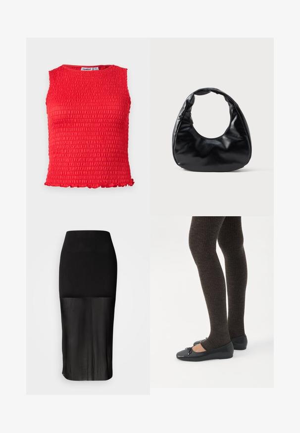 Mouwloos rood cropped topje met geplooide textuur en een kleine gerimpelde zoom langs de onderrand.; Zwarte midi-rok met een aansluitende tailleband, voorzien van een doorzichtige onderste paneel. Soepele textuur met een strakke silhoeet en geen zichtbare patronen.; Benen met donkere geribbelde leggings gecombineerd met zwarte ballerina's met kleine strikdetails op een witte achtergrond.; Zwarte neplederen handtas met een unieke halve maanvorm, een brede, gevoerde handgreep en een ritssluiting. Glad, glanzend oppervlak, minimalistisch ontwerp.