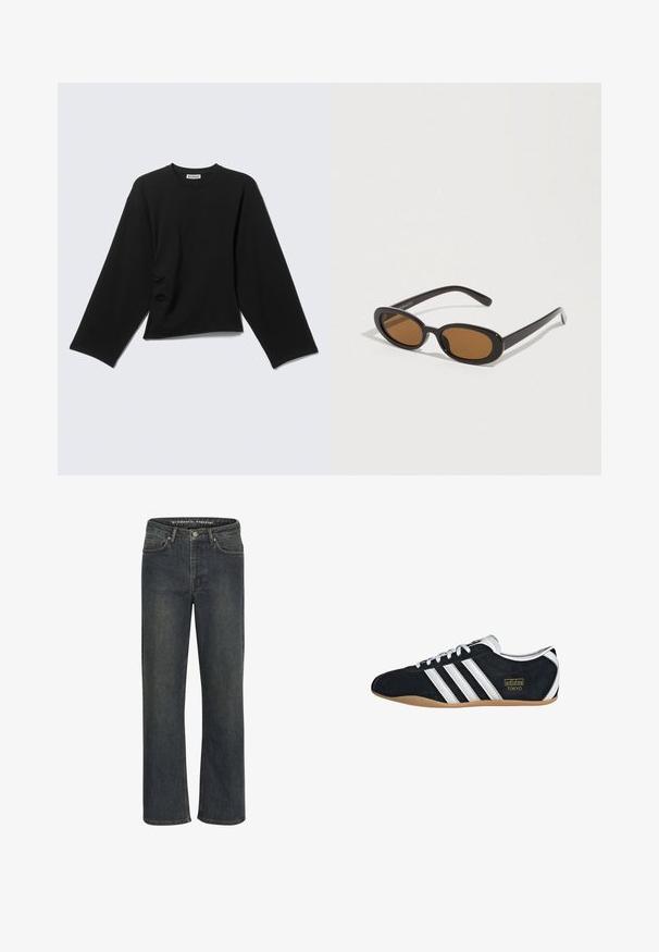 Camiseta negra de manga larga con cuello redondo, mangas sueltas y una etiqueta blanca en el cuello que dice "WEEKDAY" sobre un fondo gris claro.; Jeans de pierna recta en azul oscuro, hechos de tela de mezclilla, con una cintura de altura media, diseño de cinco bolsillos y costuras sutiles a lo largo de las costuras.; Zapatillas de ante negro con tres franjas blancas, logotipo dorado y suela de goma marrón. Presentan un diseño de cordones de perfil bajo.; Gafas de sol con lentes ovaladas marrones, montura de plástico negro y varillas delgadas. Textura suave con un diseño minimalista.