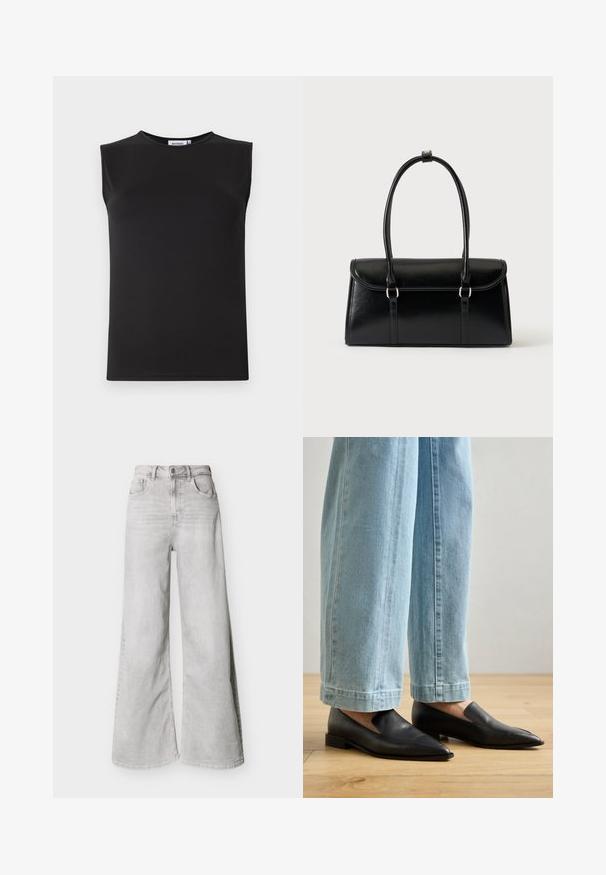Haut sans manches noir en tissu lisse et extensible. Présente un col rond et une silhouette ajustée. Pas de motifs ni d'accents visibles.; Jeans larges gris clair en jean, avec une taille haute, des poches avant et une fermeture à boutons. Texture lisse avec un léger aspect délavé.; Chaussures en cuir noir à bout pointu et à enfilage, associées à un jean large bleu clair, sur un sol en bois.; Sac à main rectangulaire en cuir noir avec fermeture à rabat et deux longues anses sur fond blanc uni.
