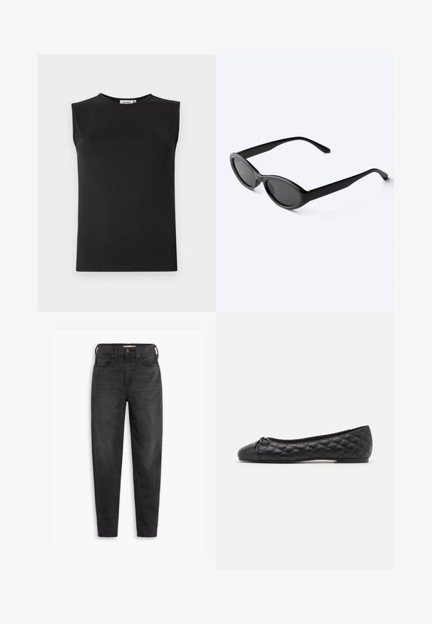 Haut sans manches noir en tissu lisse et extensible. Présente un col rond et une silhouette ajustée. Pas de motifs ni d'accents visibles.; Jean slim taille haute noir avec poches avant et arrière, fermeture à bouton et passants de ceinture, présentés sur un fond blanc.; Ballerines noires en cuir matelassé. Présentent un bout rond et un petit nœud décoratif près de l'avant. Semelle basse pour un confort optimal.; Lunettes de soleil ovales noires et élégantes avec des verres foncés et des branches droites, posées sur une surface blanche.