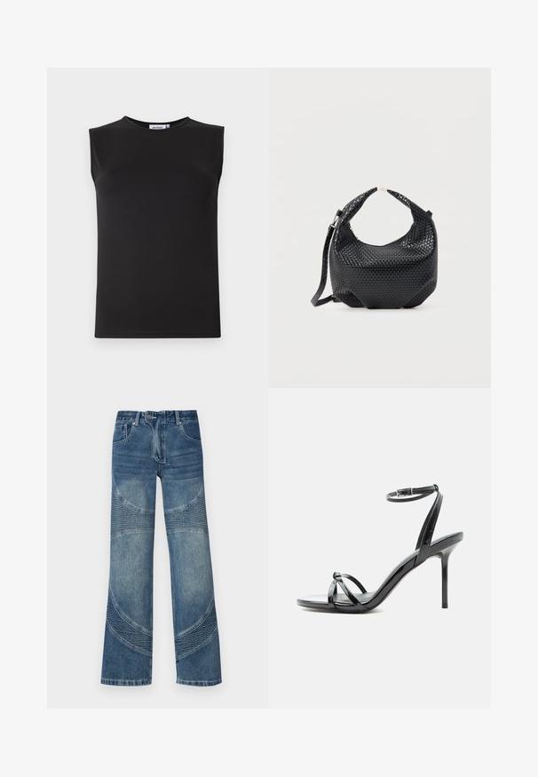 Schwarzes ärmelloses Oberteil aus glattem, dehnbarem Stoff. Merkmale einen runden Ausschnitt und eine figurbetonte Silhouette. Keine sichtbaren Muster oder Akzente.; Hochtaillierte blaue Jeans aus Denim mit weitem Bein, versehen mit geschwungenen Nahtdetails und gerippten Teilen im unteren Bereich. Lässiger Stil.; Schwarze Sandale aus Lackleder mit hohen Absätzen, dünnen Riemen über den Zehen und einem Knöchelriemen mit Schnalle auf weißem Hintergrund.; Schwarze gewebte Lederhandtasche mit kurzem Griff und abnehmbarem Schulterriemen, präsentiert vor einem schlichten hellen Hintergrund.