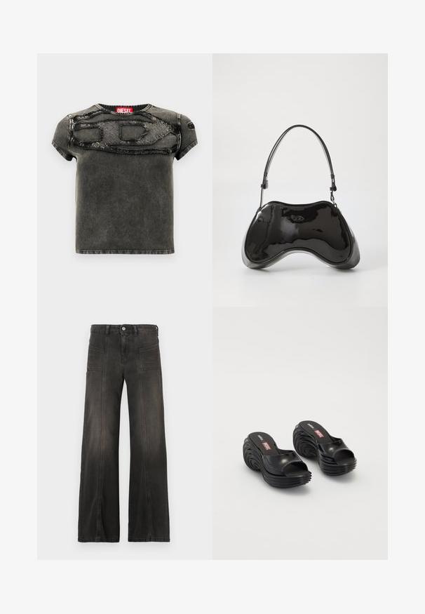 Chemise à manches courtes en jean noir, avec un motif déchiré sur le devant, des accents texturés et un col rond côtelé.; Jean en denim noir à jambes larges avec une finition délavée, comprenant deux poches avant et des détails cousus le long des coutures. Conception taille haute.; Melissa MELISSA QUANTUM PLATFORM X DIESEL AD - Sandales de bain - black; Sac à main en cuir verni noir avec une forme incurvée unique, une anse courte et ajustable, et une fermeture zippée. Texture lisse avec un branding discret.