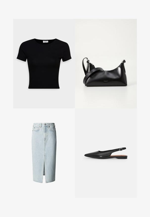 Sort kortærmet t-shirt lavet af glat bomuldsstof, med rund halsudskæring og en tætsiddende pasform. Minimalistisk uden synlige mønstre.; Lyseblå denim midi nederdel med frontslids, bæltestropper, knap- og lynlåsfastgørelse samt for- og baglommer.; Sorte læder slingback sko med spidse tæer, subtil glans og justerbar ankelrem. Flad hæl med en brun indersål.; Sort læderhåndtaske med en glat tekstur. Har en justerbar stropp og et enkelt, minimalistisk design med lynlås.