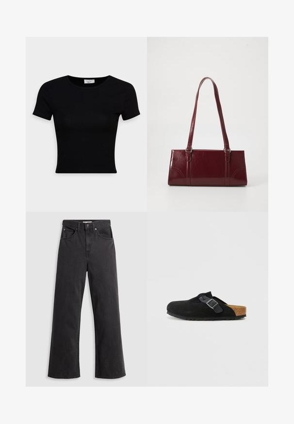 Camiseta negra de manga corta hecha de una suave tela de algodón, con un escote redondo y un diseño ajustado. Minimalista, sin patrones visibles.; Jeans de mezclilla negra de pierna ancha con cintura alta, cinco bolsillos y cierre de botón metálico. La tela tiene una textura suave y ligeramente desvaída.; Zuecos de ante negro sin cordones con correa ajustable de hebilla negra y plantilla de corcho contorneada sobre un fondo blanco liso.; Bolso burdeos hecho de material brillante, de forma rectangular, con dos asas para el hombro y sutiles acentos curvados en la parte frontal.
