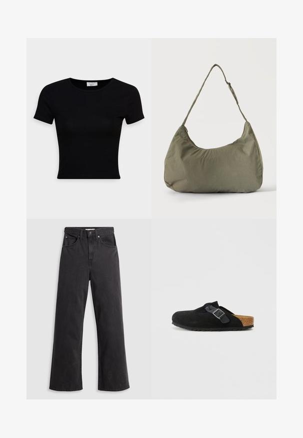 Camiseta negra de manga corta hecha de una suave tela de algodón, con un escote redondo y un diseño ajustado. Minimalista, sin patrones visibles.; Jeans de mezclilla negra de pierna ancha con cintura alta, cinco bolsillos y cierre de botón metálico. La tela tiene una textura suave y ligeramente desvaída.; Zuecos de ante negro sin cordones con correa ajustable de hebilla negra y plantilla de corcho contorneada sobre un fondo blanco liso.; Bolso de hombro de tela suave color verde oliva con cierre de cremallera y correa ajustable sobre un fondo liso y claro.
