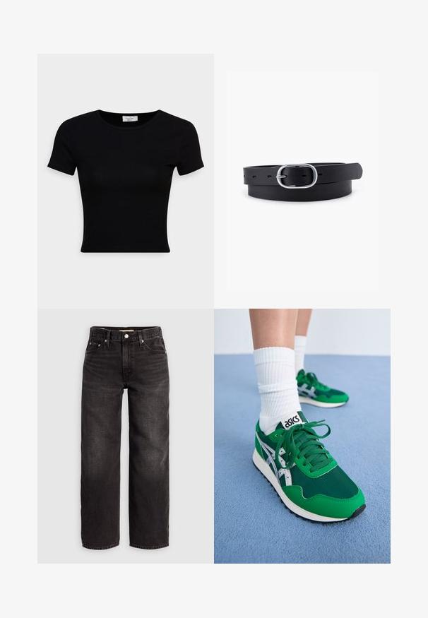 T-shirt noir à manches courtes en coton lisse, avec un col rond et une coupe ajustée. Minimaliste, sans motifs visibles.; Levi's® BAGGY DAD - Jean baggy - shrink up; Baskets en maille verte et synthétique avec des accents blancs et une semelle en caoutchouc noire. Comprend des lacets, un col rembourré et le logo ASICS sur la languette.; Ceinture en cuir noir au toucher lisse, boucle en métal argenté de forme ovale et plusieurs trous d'ajustement le long de la sangle. Design plat et minimal.