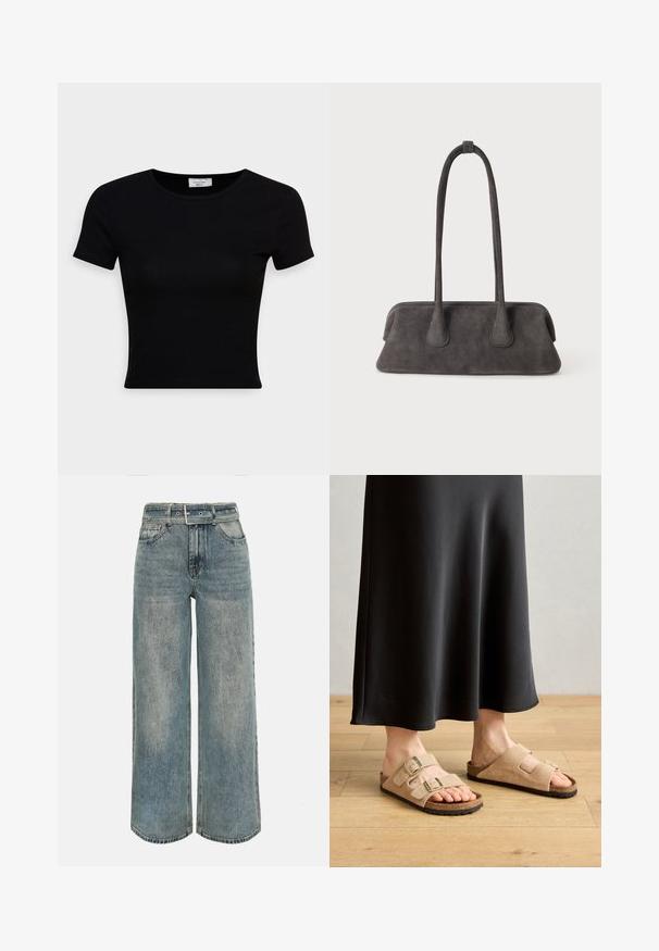 Sort kortærmet t-shirt lavet af glat bomuldsstof, med rund halsudskæring og en tætsiddende pasform. Minimalistisk uden synlige mønstre.; Høj talje, vidde-benet jeans i falmet blå denim med matchende denimbælte og klassisk fem-lomme-design.; Lysbrune ruskindsandaler med to justerbare spænder, korkfodbed og gummisål, parret med en sort gulvlængde nederdel.; Mørkegrå ruskindshåndtaske med bred rektangulær bund og to lange, tynde skulderremme på en ensfarvet baggrund.