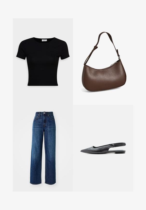 T-shirt noir à manches courtes en coton lisse, avec un col rond et une coupe ajustée. Minimaliste, sans motifs visibles.; Jeans en denim bleu foncé avec une taille haute, un design à jambes larges, des poches avant et arrière, et une légère décoloration. Quincaillerie en métal sur la taille.; Chaussure plate en cuir noir à bout pointu, bride arrière avec talon bas et bride ajustable sur fond clair.; Petit sac bandoulière en cuir marron avec sangle réglable et fermeture éclair, présenté sur fond blanc. Aucun logo ou décoration visible.