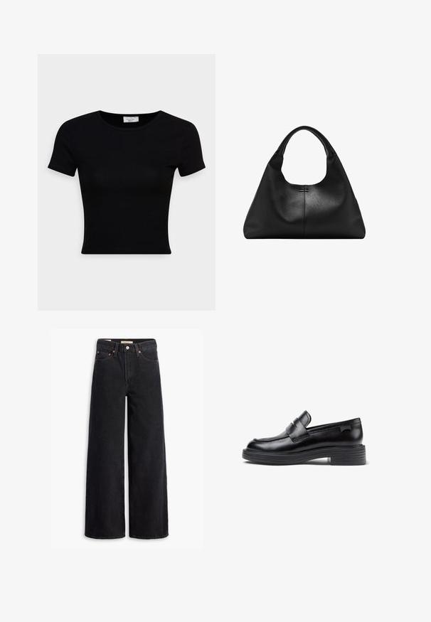 Sort kortærmet t-shirt lavet af glat bomuldsstof, med rund halsudskæring og en tætsiddende pasform. Minimalistisk uden synlige mønstre.; Sorte brede benjeans lavet af denim, med fem lommer, kobbernitter og en klassisk knaplukning. Glat tekstur med et rent design.; Sorte læder loafers med en rund tå, der har et syet design og en kraftig gummisål. Accenteret med en dekorativ strop.; Sort textured læderhåndtaske med bred bund og tykke, afrundede håndtag, der har en central lodret søm og subtil syningsdetalje.