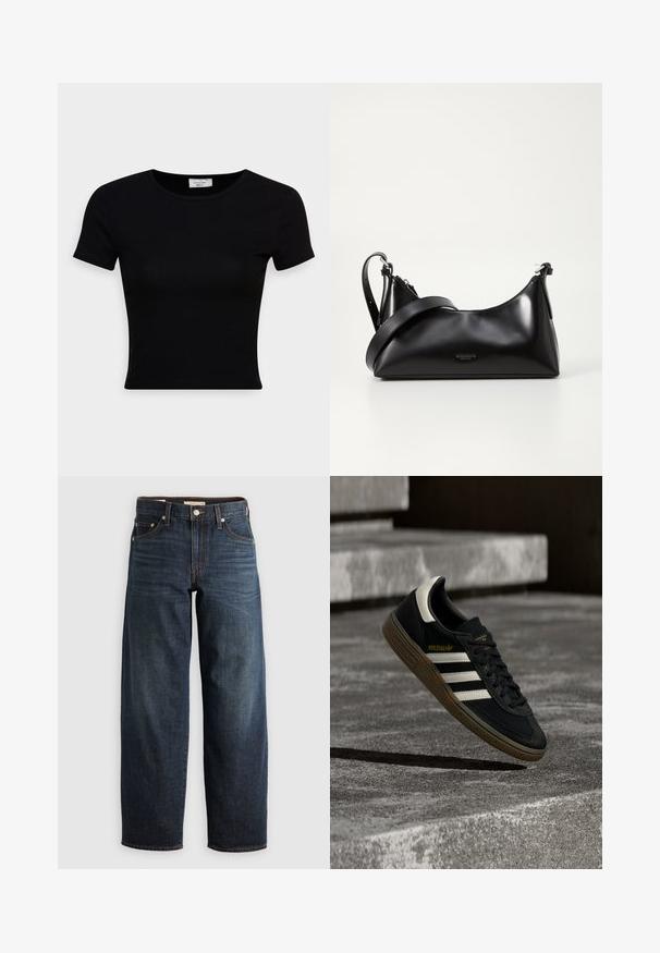 Sort kortærmet t-shirt lavet af glat bomuldsstof, med rund halsudskæring og en tætsiddende pasform. Minimalistisk uden synlige mønstre.; Mørkeblå denimjeans med lige ben, fem lomme-stil og kontrastsyninger samt knappelukning.; Sort Adidas-sneaker med hvide striber og gummisåler, svævende over grå betontrapper i naturligt lys.; Sort læderhåndtaske med en glat tekstur. Har en justerbar stropp og et enkelt, minimalistisk design med lynlås.
