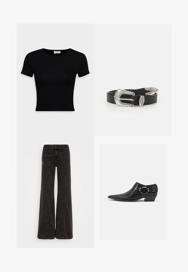 Schwarz, kurzärmliges T-Shirt aus glattem Baumwollstoff, mit rundem Ausschnitt und figurbetontem Schnitt. Minimalistisch ohne sichtbare Muster.; Schwarze weit geschnittene Jeans aus Denim, mit hoher Taille, frontalen Taschen und tonal abgesteppten Nähten.; Schwarze Leder-Ankle-Boots mit spitzem Zeh, ausgestattet mit einem vorderen Leder-Riemen und einem silbernen Schnallendetail sowie einem niedrigen Blockabsatz.; Schwarzer Ledergürtel mit einer großen silbernen Metallschnalle, die über feine Verzierungen und dekorative Akzente an beiden Enden verfügt.