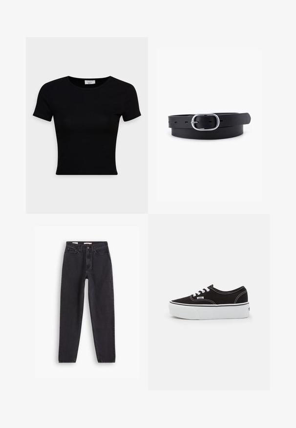 T-shirt noir à manches courtes en coton lisse, avec un col rond et une coupe ajustée. Minimaliste, sans motifs visibles.; Jean en denim noir avec une coupe droite, comportant cinq poches, une fermeture à bouton à l'avant et des détails brodés le long des coutures.; Baskets en toile noires avec une semelle en caoutchouc blanc, dotées de lacets et de coutures blanches, marquage emblématique sur le côté, design basse.; Ceinture en cuir noir au toucher lisse, boucle en métal argenté de forme ovale et plusieurs trous d'ajustement le long de la sangle. Design plat et minimal.